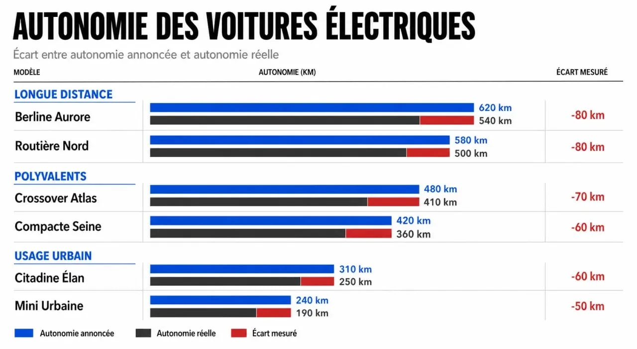 Tableau autonomie voiture électrique comparant plusieurs modèles et leurs kilomètres annoncés