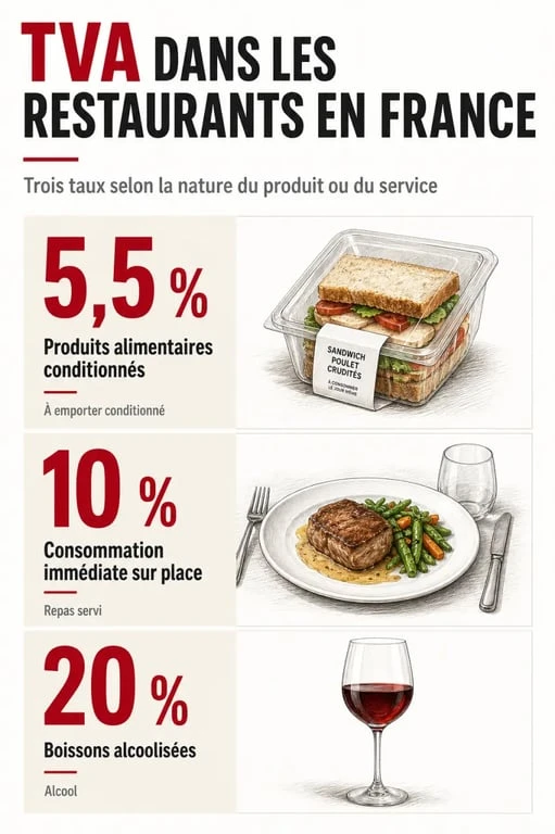 TVA dans les restaurants : schéma des taux 5,5 %, 10 % et 20 % avec exemples concrets