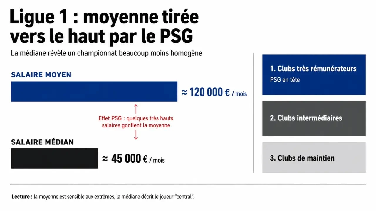 Infographie comparative sur le salaire moyen ligue 1, la médiane, l’effet du PSG et les écarts entre clubs