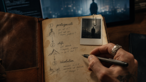 Storytelling exemple : carnet avec schéma en trois étapes et Polaroid