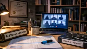 BTS banque à distance : ordinateur en visio et bureau
