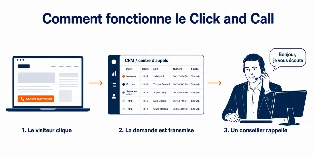 Schéma click and call montrant un clic sur bouton d’appel, le CRM et l’agent téléphonique