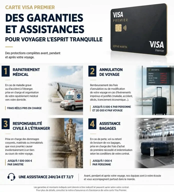 Infographie des garanties d'assurance et assistance de la carte Visa Premier Caisse d'Epargne pour les paiements à l'étranger
