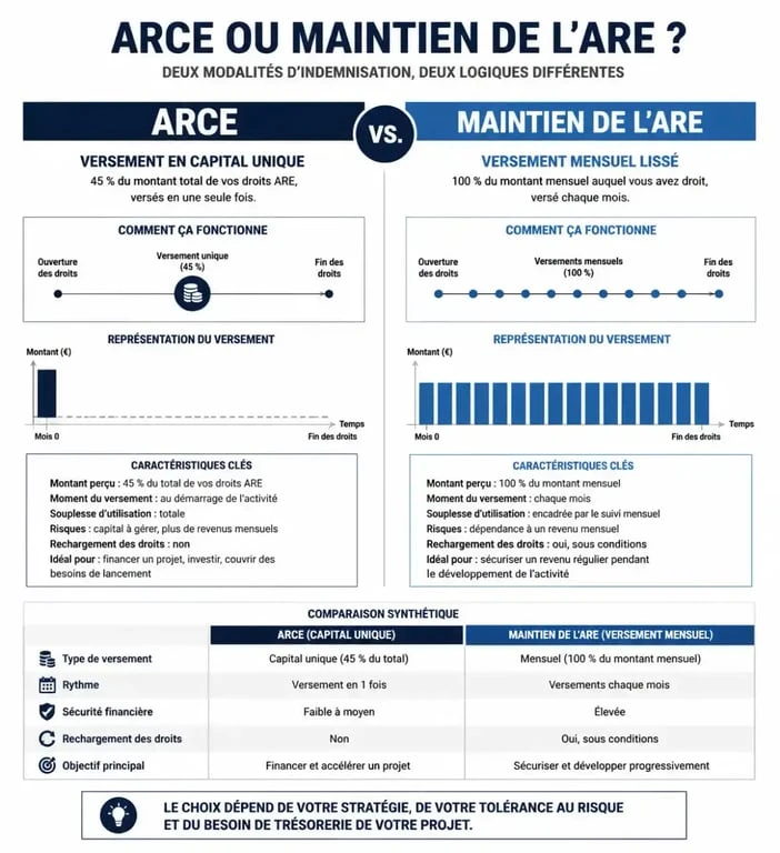 Infographie comparative ARCE et maintien ARE pour toucher son chômage en une seule fois