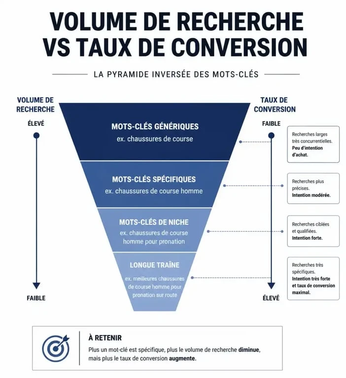 Pyramide du volume et de la conversion des mots-clés pour le référencement naturel