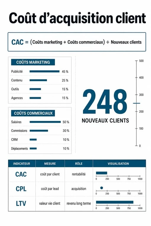 Schéma du cout acquisition client avec formule CAC, coûts marketing et commerciaux, et comparaison avec CPL et LTV
