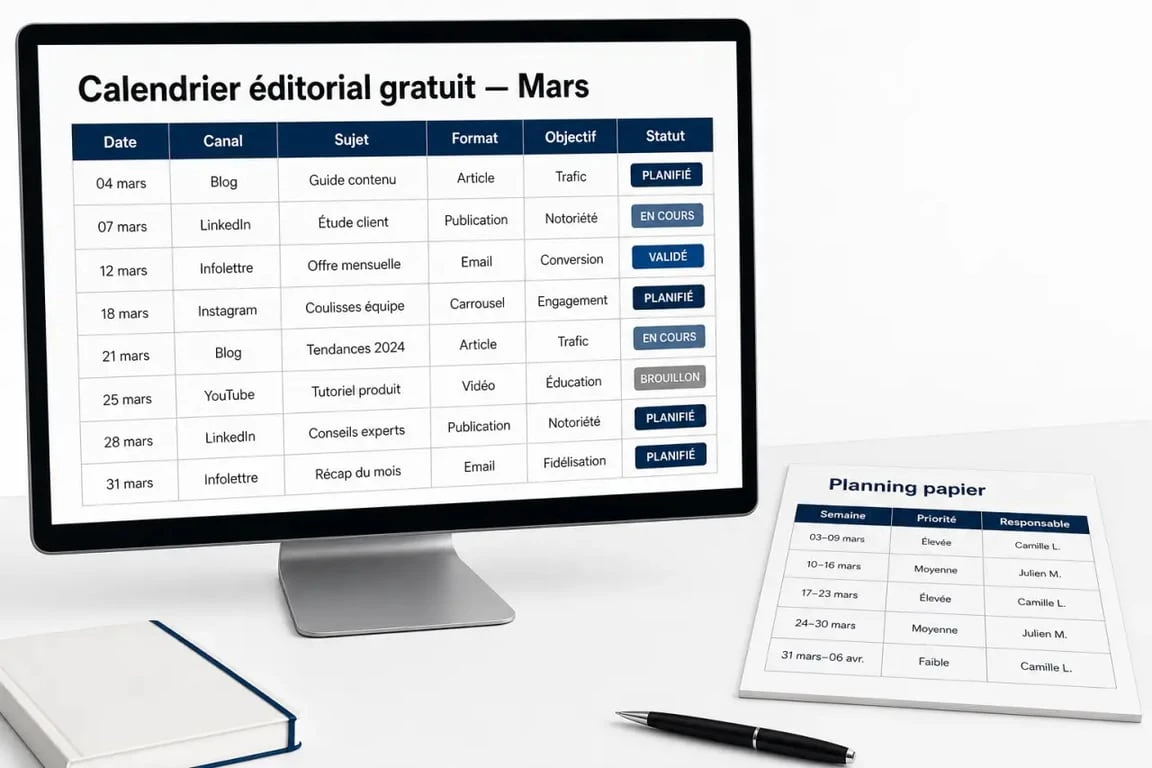 Calendrier éditorial gratuit sur écran avec planning mensuel et statuts de contenu