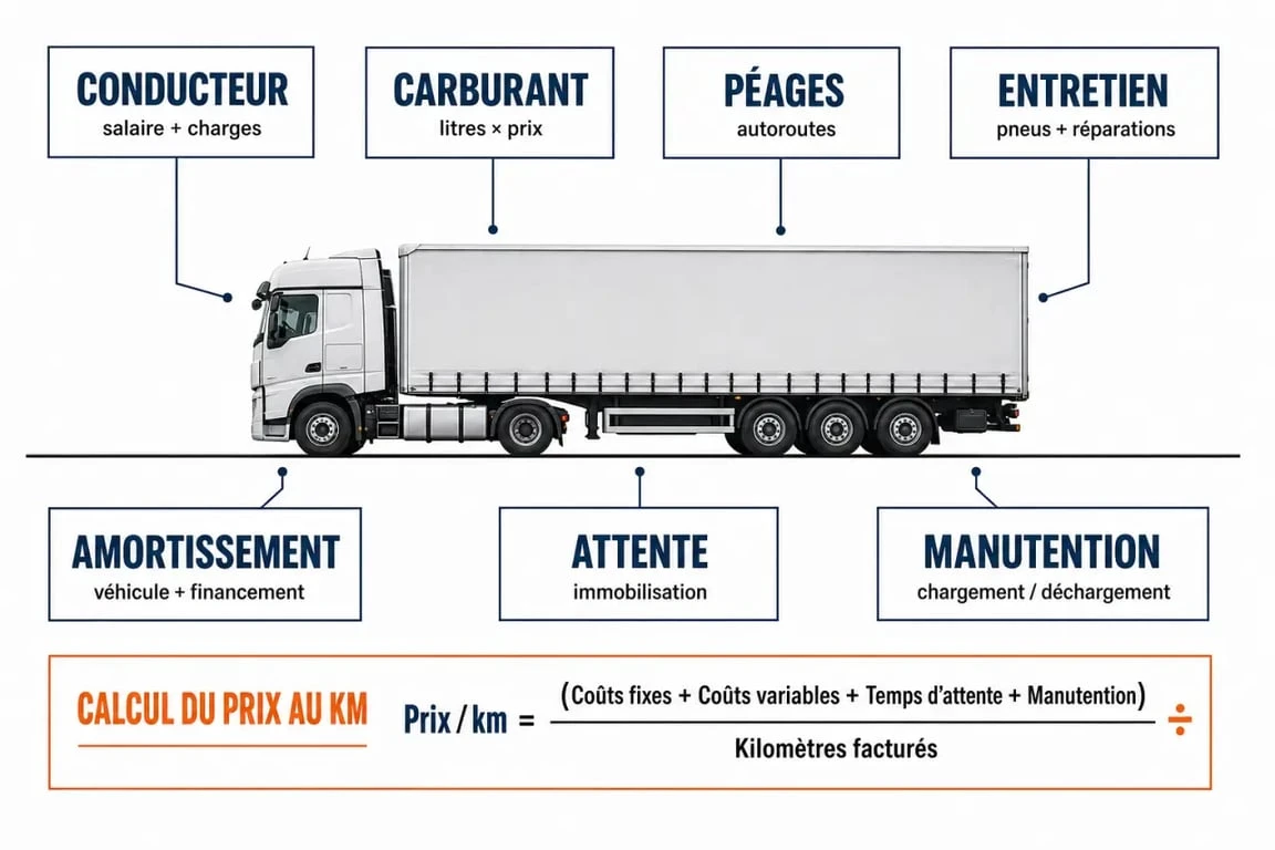 Schéma du prix transport routier au km avec camion de fret et postes de coût