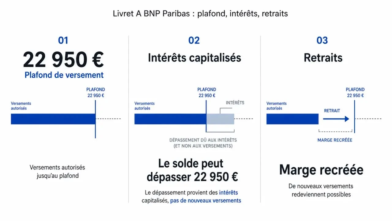 Plafond livret A BNP illustrant le plafond de versement, les intérêts capitalisés et la marge restante