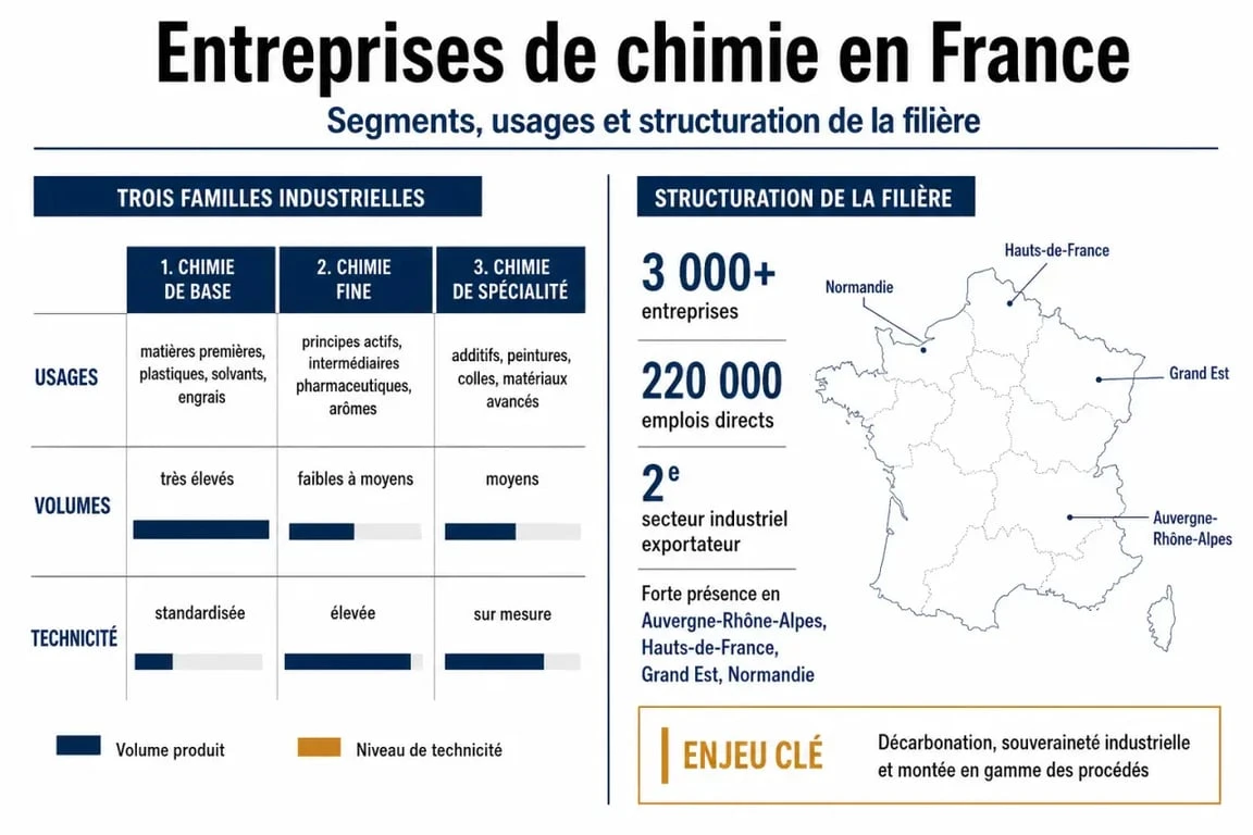 Entreprises chimie : comparaison entre chimie de base, chimie fine et chimie de spécialité en France