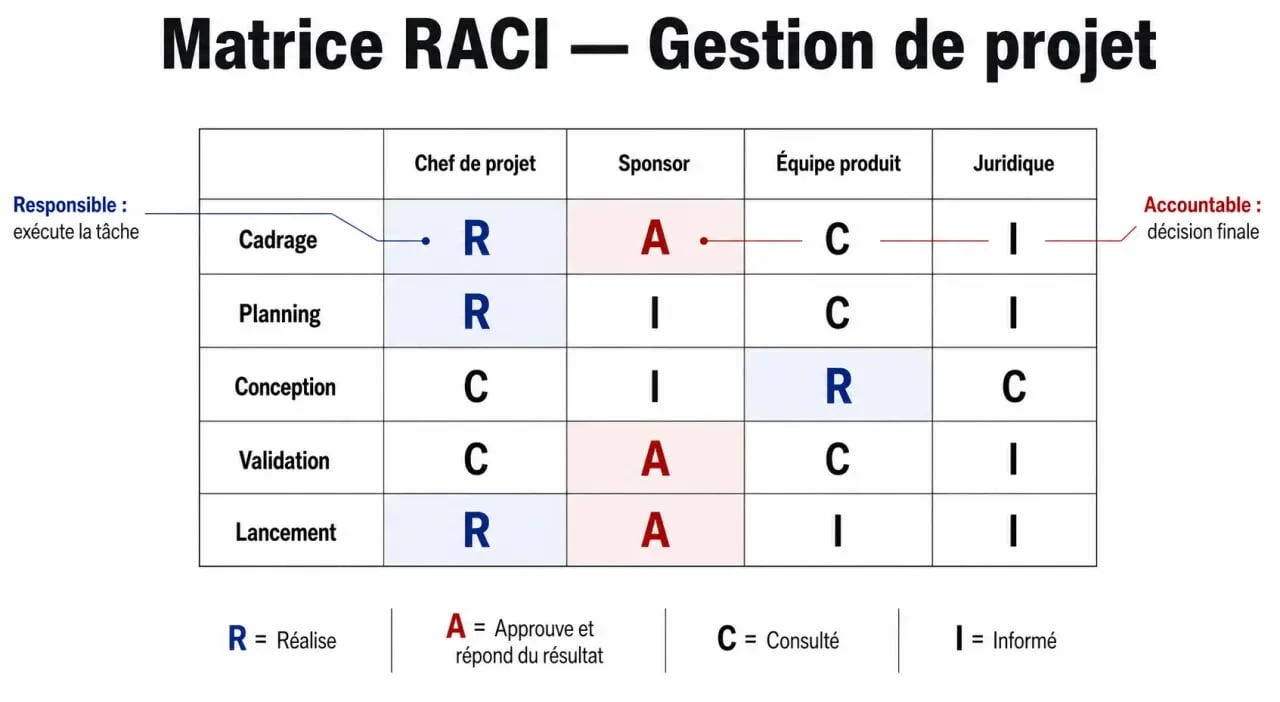 Matrice raci gestion de projet illustrée dans un tableau clair avec rôles R, A, C et I