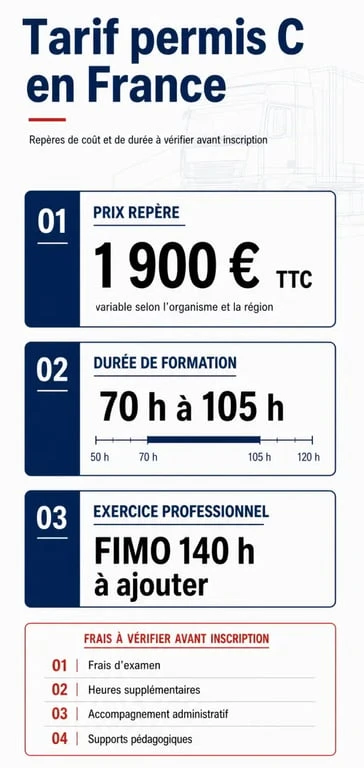 Tarif permis C : synthèse visuelle du prix, de la durée et des frais inclus