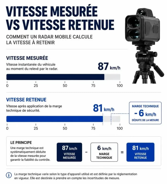 Schéma explicatif de la tolérance des radars mobiles et calcul de la vitesse retenue pour éviter les amendes
