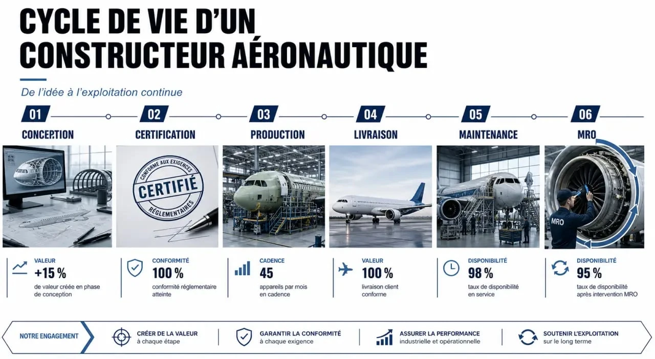 Schéma du constructeur aéronautique montrant la conception, la certification et le MRO
