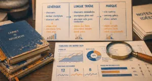 Mot clef pour referencement : recherche mots-clés SEO avec loupe et tableau SEO