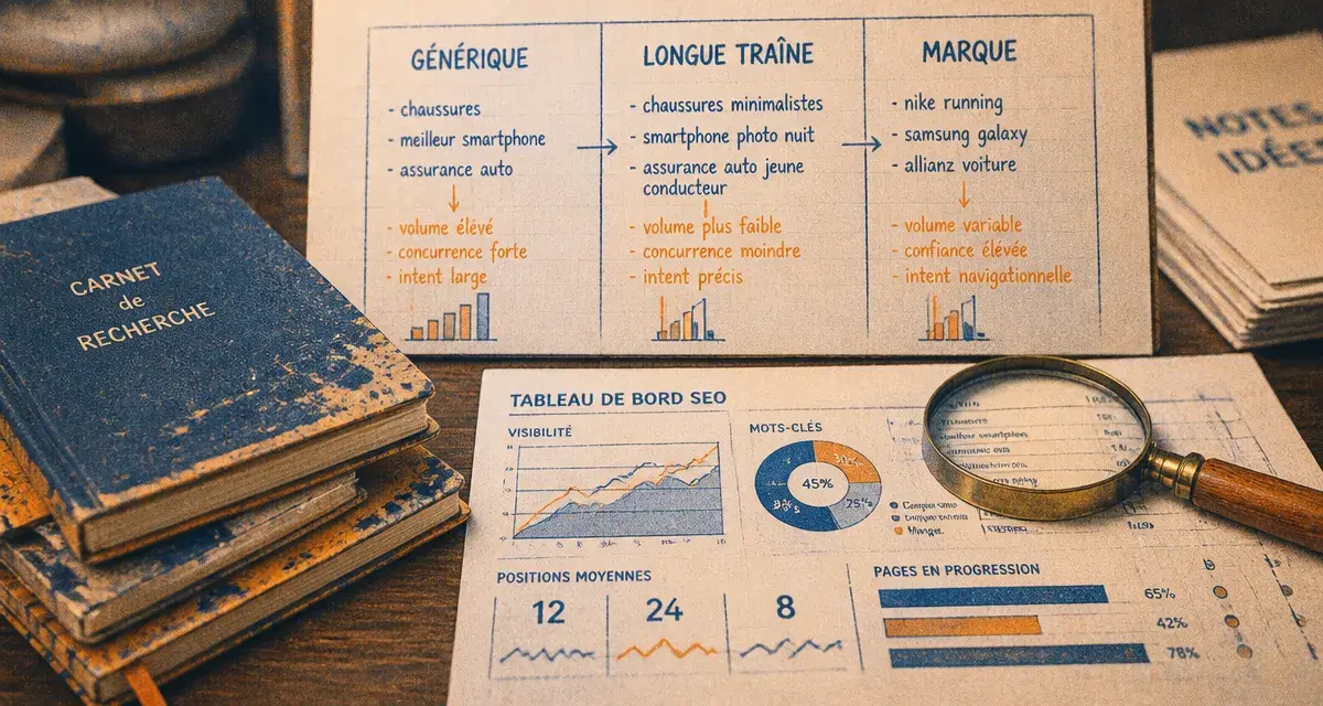 Mot clef pour referencement : recherche mots-clés SEO avec loupe et tableau SEO