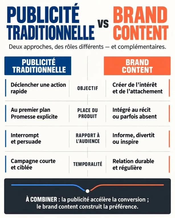 Infographie brand content definition et différences avec la publicité traditionnelle