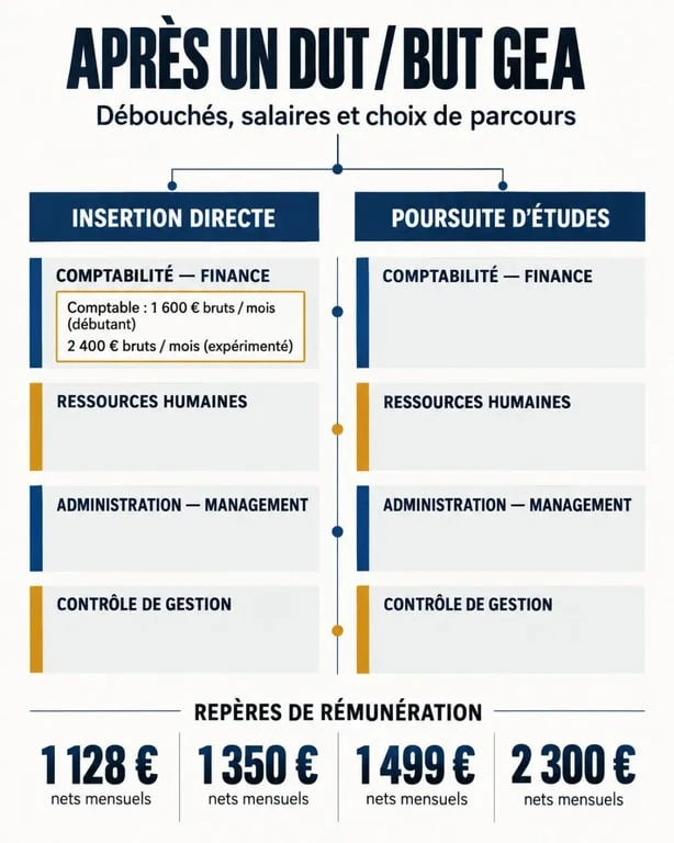 Infographie DUT GEA débouchés salaire : métiers accessibles, poursuite d’études et repères de rémunération