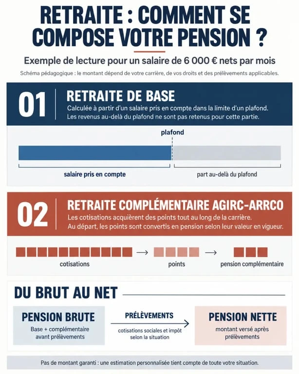 Infographie sur la retraite 6000 euros par mois, entre retraite de base, AGIRC-ARRCO et pension nette