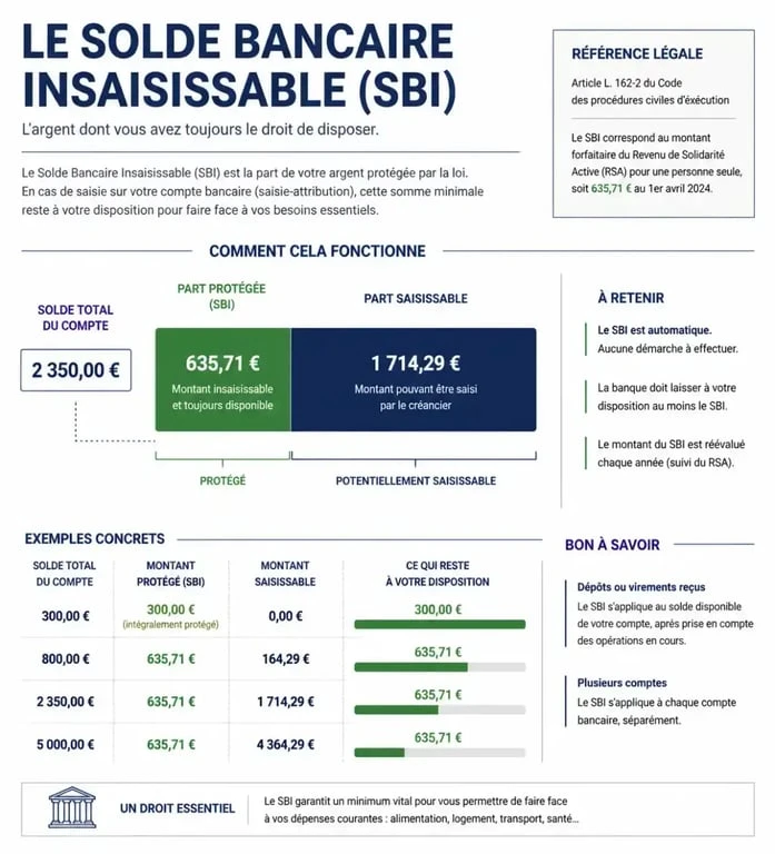 Infographie explicative du Solde Bancaire Insaisissable (SBI) en cas de blocage de compte bancaire