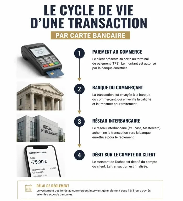 Schéma explicatif du cycle de vie d'un paiement par carte bancaire qui n'apparaît pas immédiatement