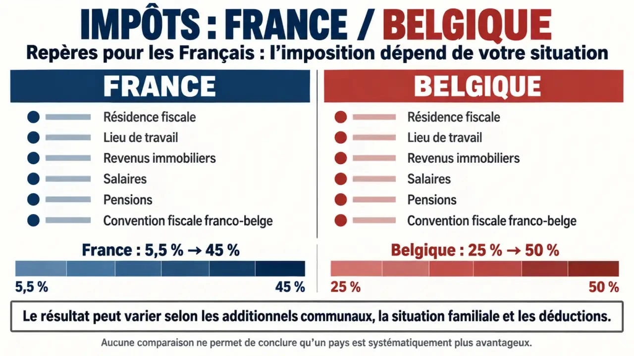 Infographie sur les impôts en Belgique pour les Français et la comparaison fiscale France-Belgique