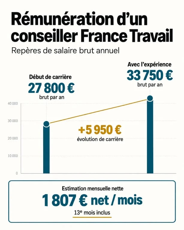 Salaire conseiller France Travail avec progression du brut au net et 13e mois