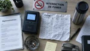 Pause cigarette au travail : panneau interdiction de fumer et badgeuse au bureau