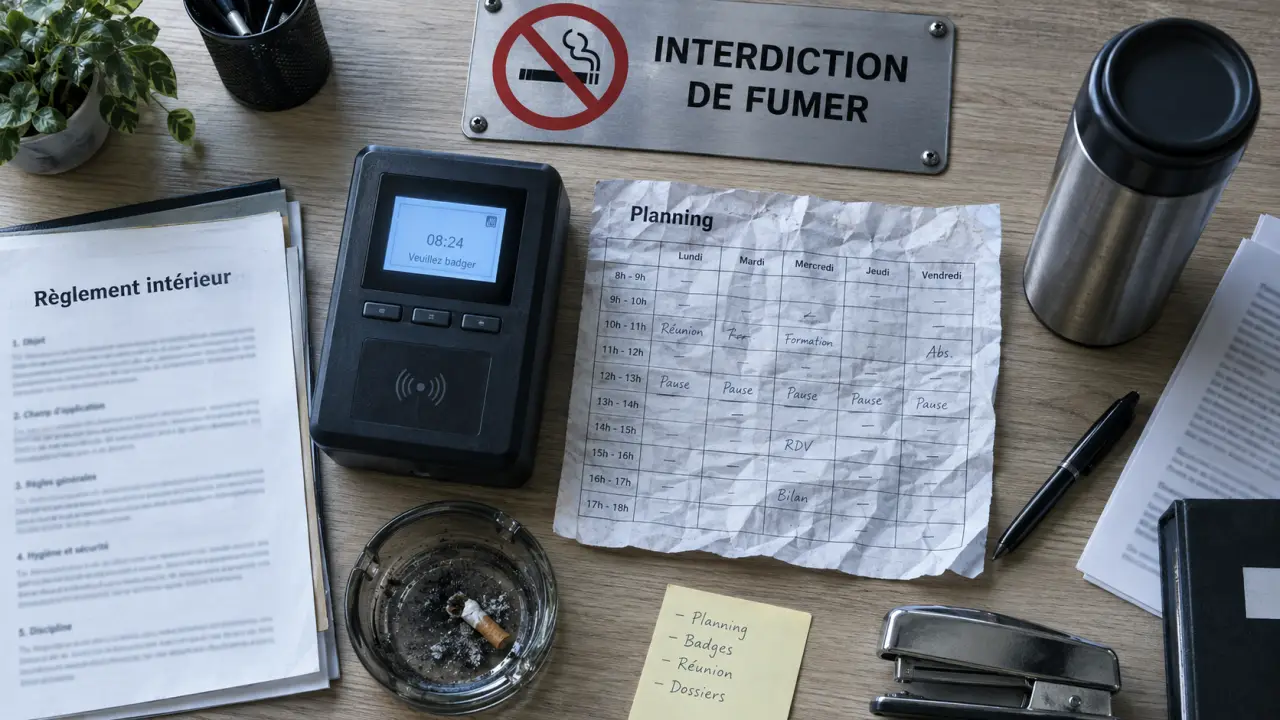 Pause cigarette au travail : panneau interdiction de fumer et badgeuse au bureau