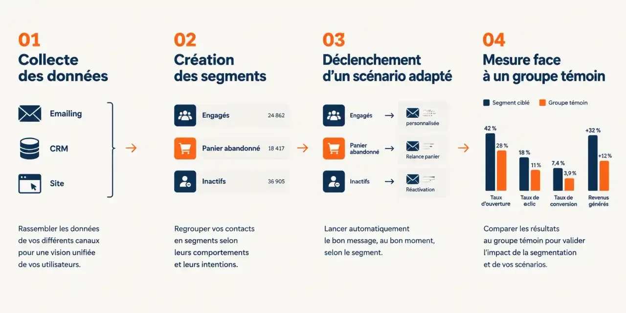 Schéma du processus de segmentation comportementale : de la collecte des données à la mesure des résultats