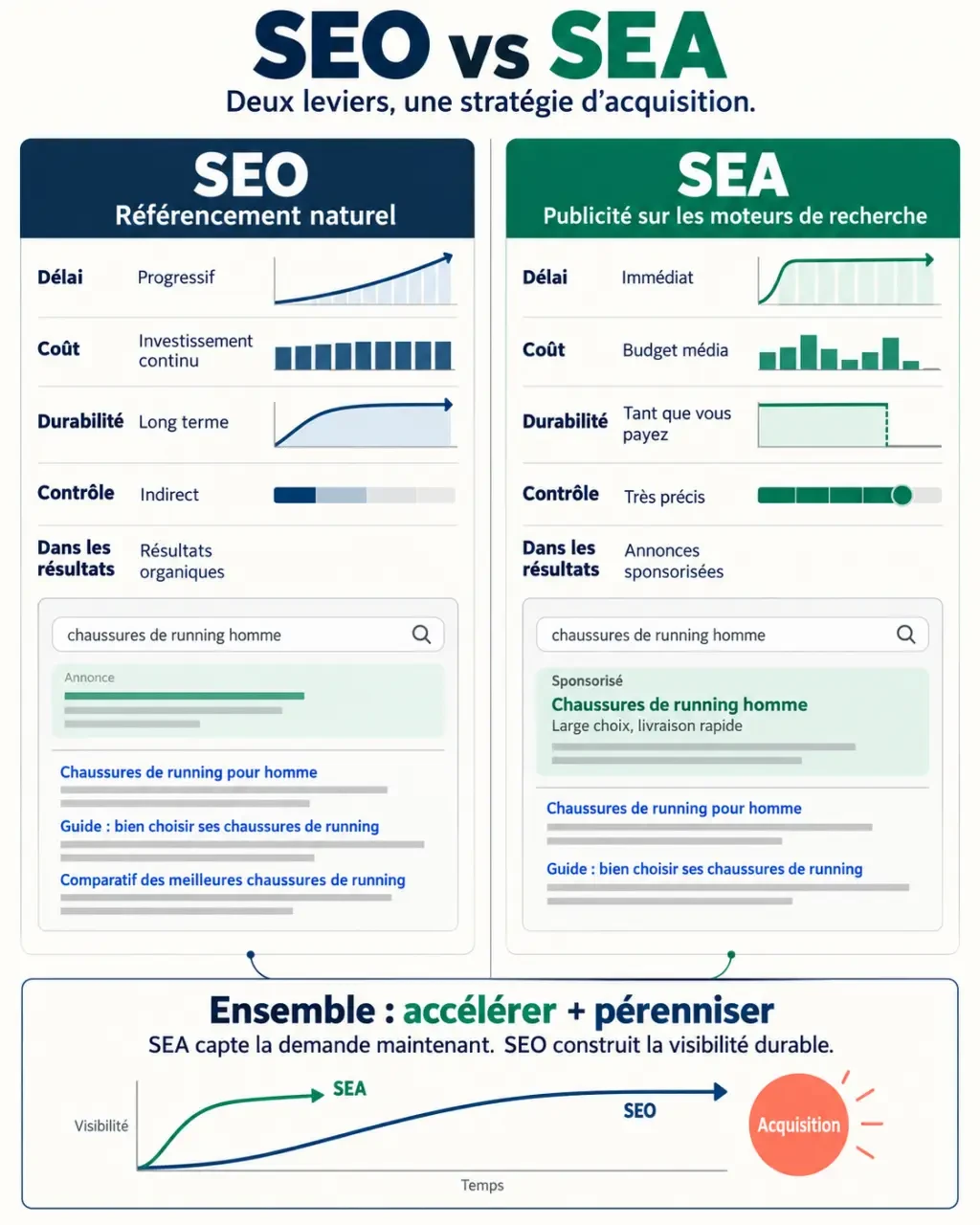 Infographie comparative SEO SEA définition et différences entre référencement naturel et publicité sur les moteurs de recherche