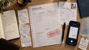 Note de remboursement de frais vérifiée avec tickets et reçus